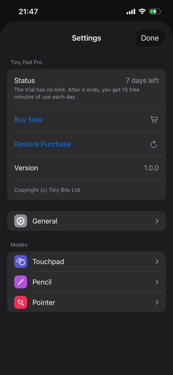 The main settings screen on an iPhone: the Ilopad Pro card with the trial status, Buy and Restore Purchase, the General row, and the Modes rows Touchpad, Pencil and Pointer.