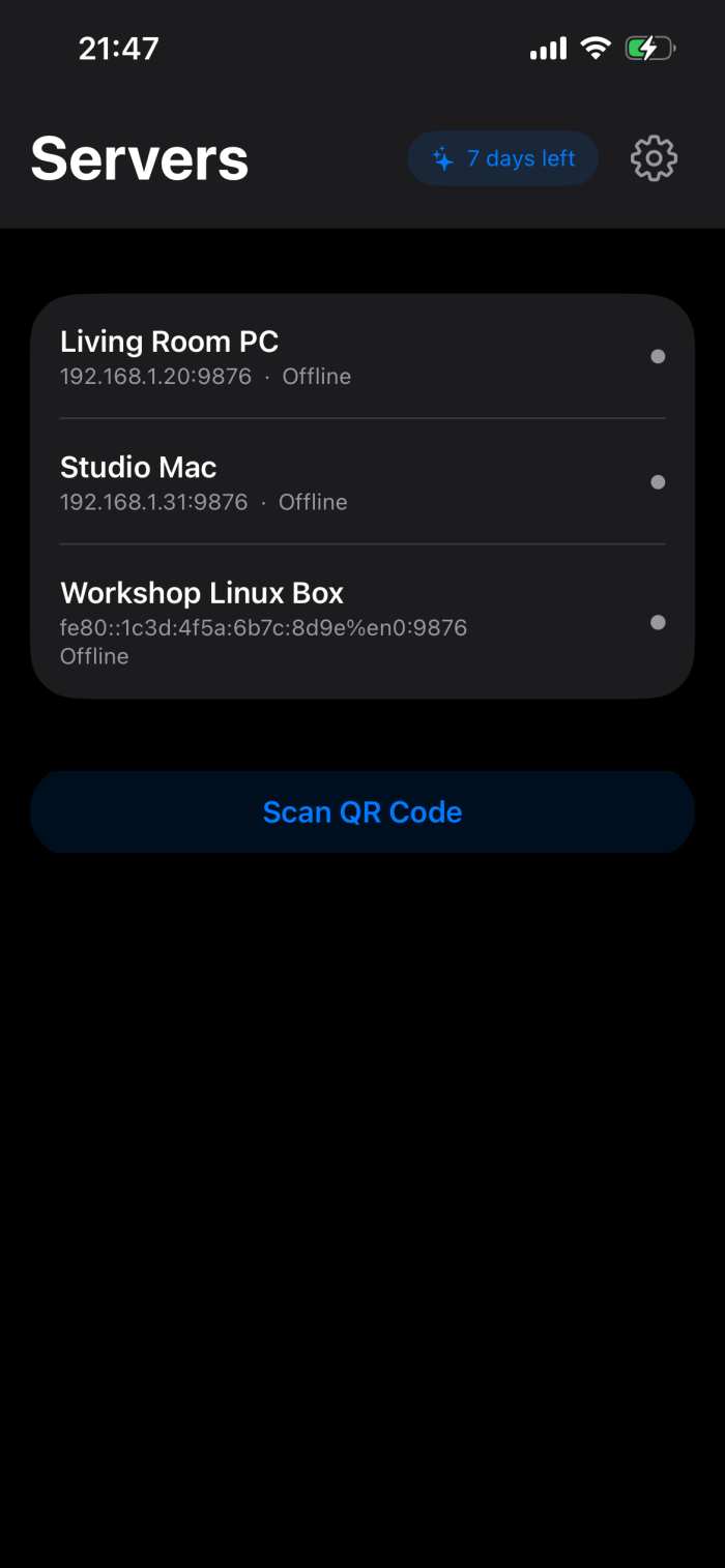 The Servers screen in the Ilopad app, with three paired servers. Each row shows a name, a network address and a status.