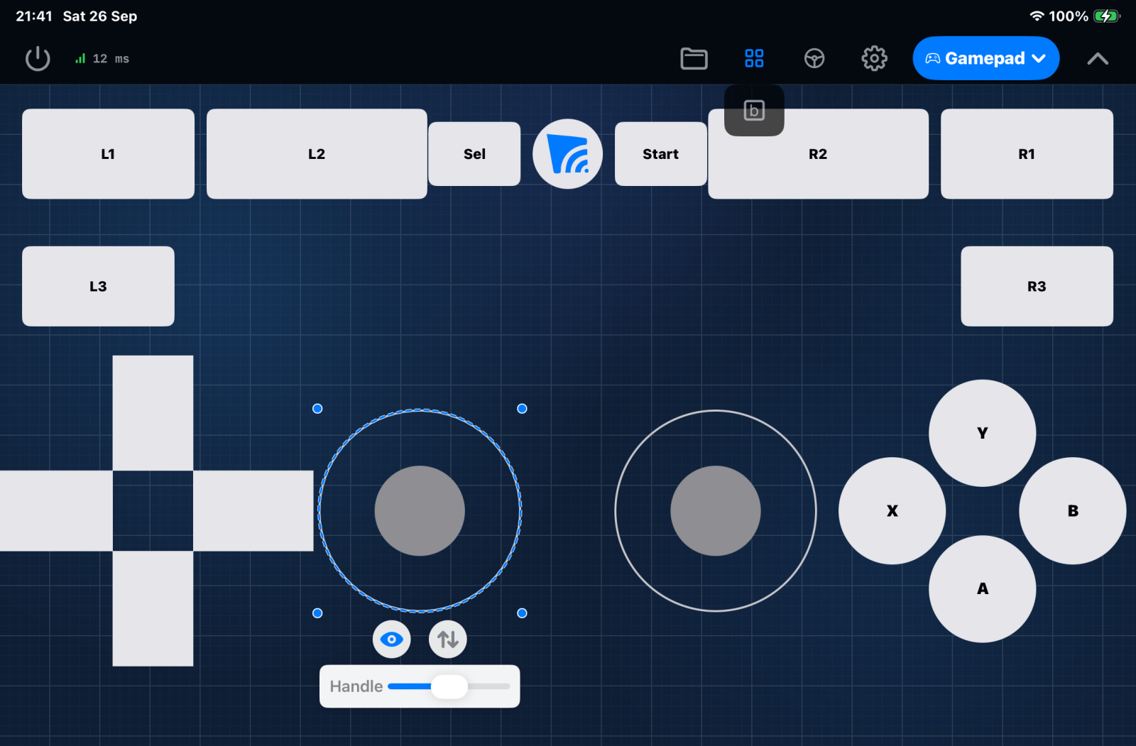 The gamepad layout editor on an iPad: the controls on a blue grid, the left stick selected with a row of round buttons and a Handle slider below it