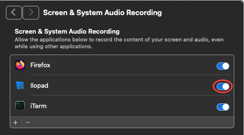 The Screen and System Audio Recording page of System Settings on macOS 15. The list shows Firefox, Ilopad and iTerm. The switch for Ilopad is on, with a red circle around it. The plus and minus buttons are below the list.