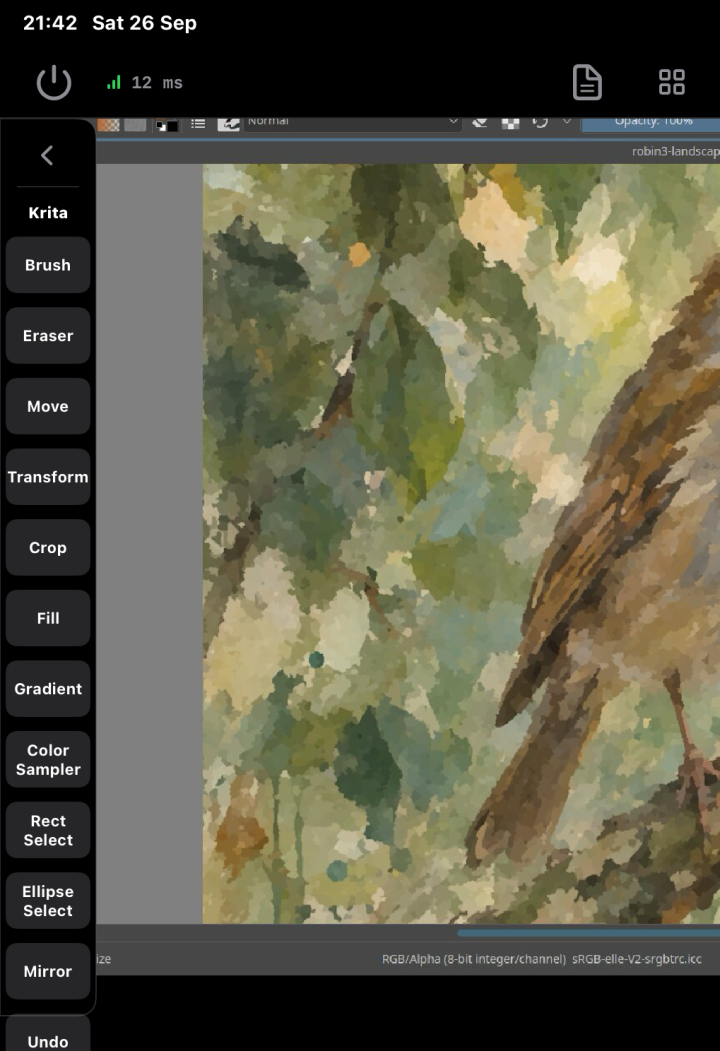 Pencil mode on an iPad with Krita on the computer. The app toolbar on the left edge shows Krita at the top and buttons such as Brush, Eraser, Move and Transform.