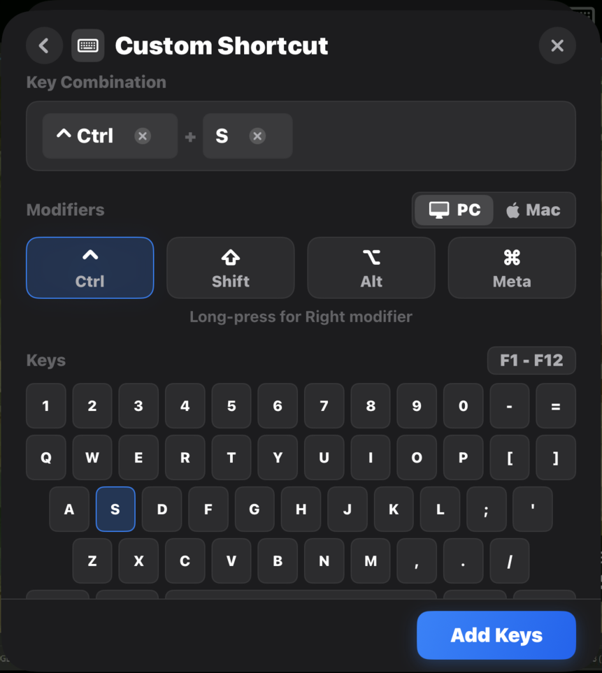 The Custom Shortcut keyboard on an iPad. Key Combination shows Ctrl plus S. Below are the Modifiers Ctrl, Shift, Alt and Meta with a PC and Mac switch, a keyboard of keys, and the Add Keys button.