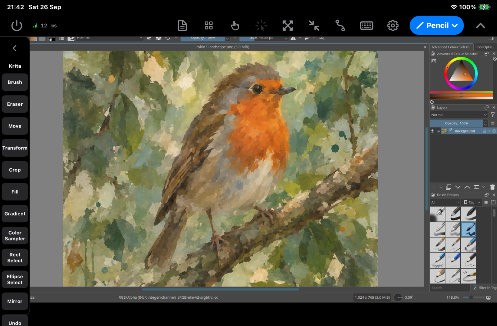 Pencil mode on an iPad in landscape. The computer screen shows Krita with a painting of a robin. The pencil mode bar is at the top and the app toolbar for Krita is at the left.