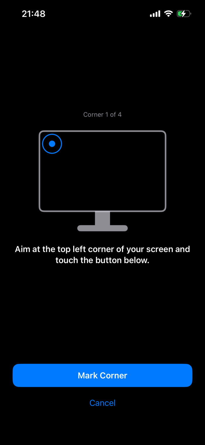 The calibration screen: Corner 1 of 4, a drawing of a monitor with a target on its top left corner, the instruction to aim at the top left corner, and the Mark Corner and Cancel buttons