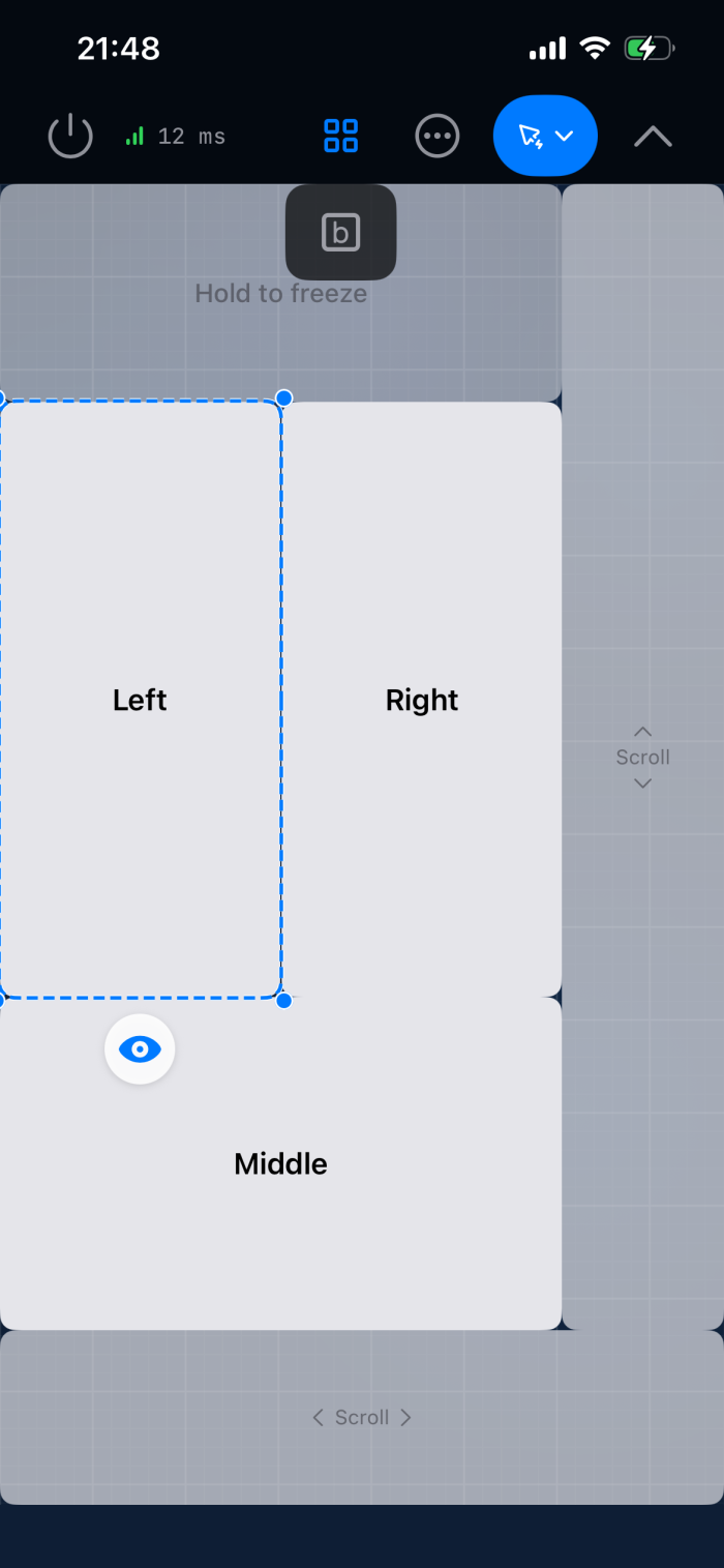 The pointer layout editor on a grid. The Left button is selected: it has a dashed border, a dot on each corner, and an eye button below it. The Add key button is below the toolbar
