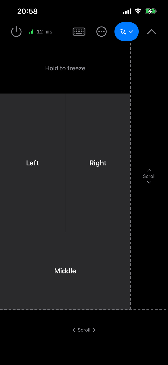 Pointer mode on an iPhone in portrait: the toolbar at the top, a Hold to freeze area, large Left and Right buttons, a Middle button, a vertical Scroll strip on the right and a horizontal Scroll strip at the bottom