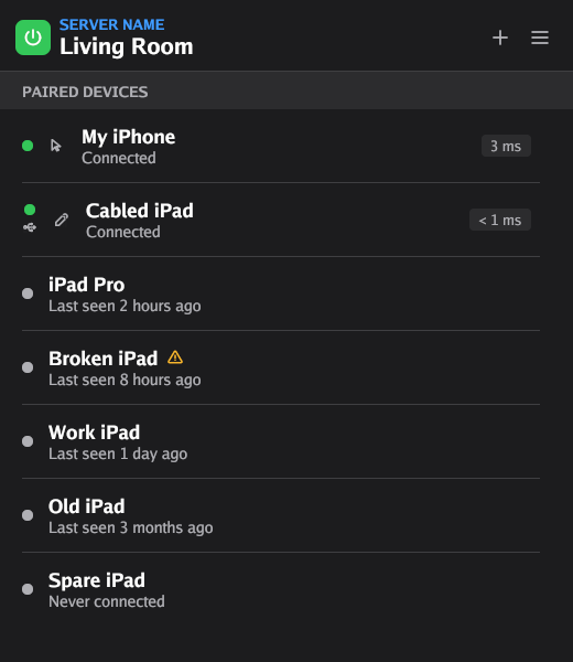 The Ilopad server window with a list of paired devices. One device, Broken iPad, has a yellow warning icon after its name.