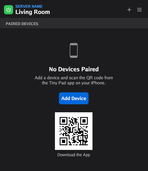 The Ilopad server window with no paired devices. A plus button is at the top right, and an Add Device button is in the middle. Below it is a small QR code with the text Download the App.
