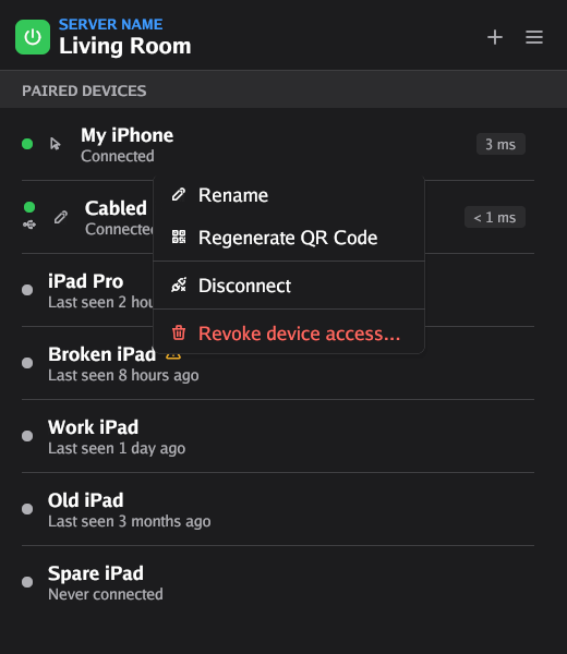 The Ilopad server window with the menu of a device open. The menu items are Rename, Regenerate QR Code, Disconnect and Revoke device access.