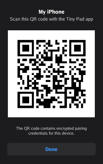 The Ilopad server window that shows a QR code for the device My iPhone, with a Done button.