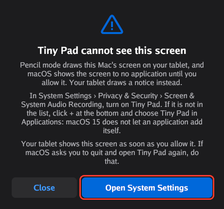 The Ilopad window on macOS that asks for the screen recording permission. A red outline marks the Open System Settings button.