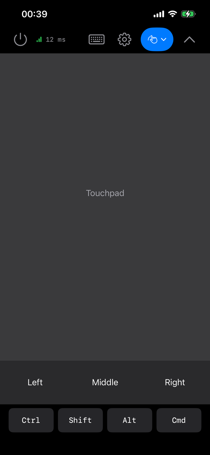 Touchpad mode on an iPhone: the toolbar at the top, the touch surface, the Left, Middle and Right buttons, and the Ctrl, Shift, Alt and Cmd keys at the bottom