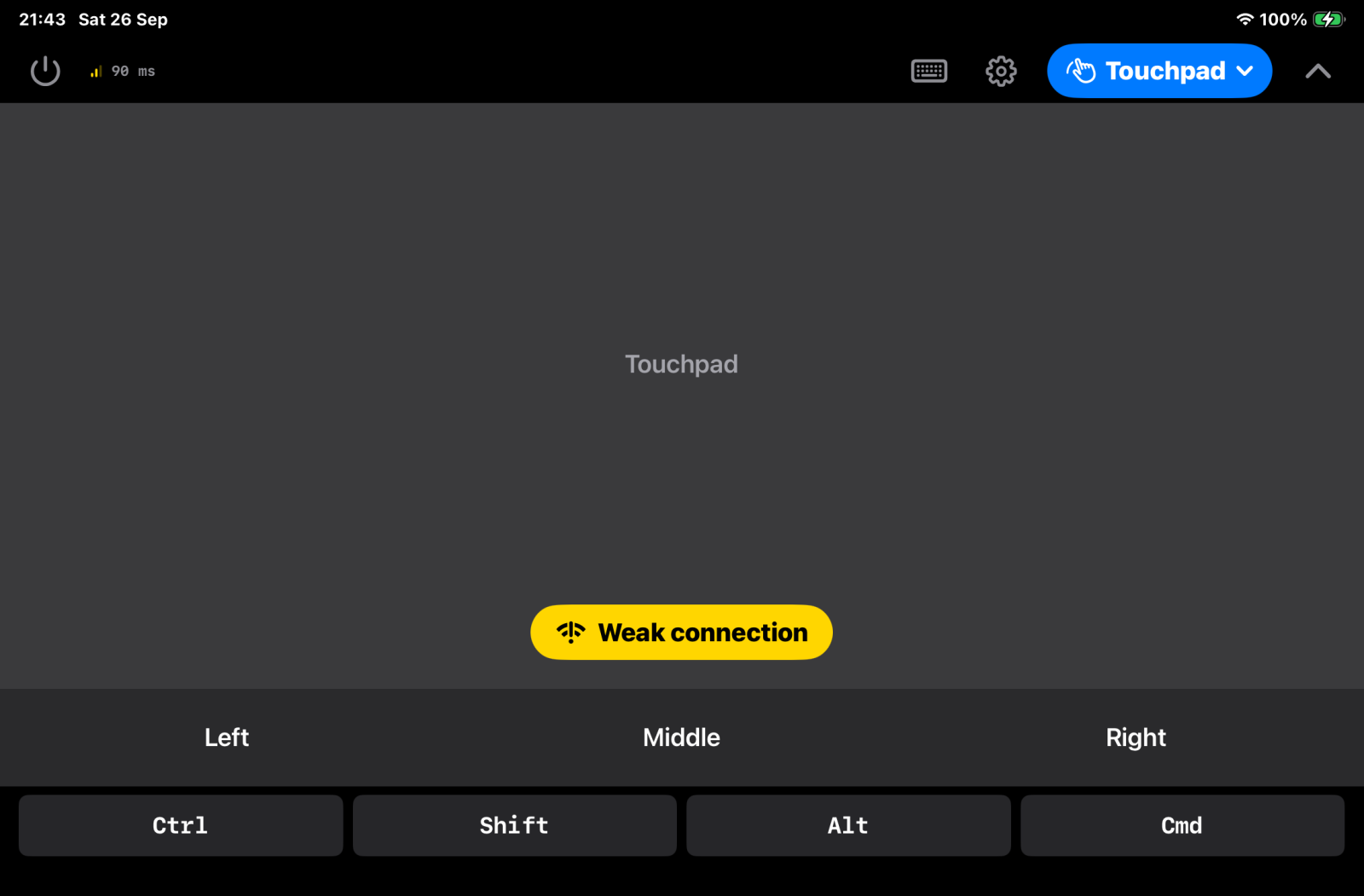 Ilopad on an iPad in touchpad mode, with the yellow Weak connection pill at the bottom and the connection quality indicator in the toolbar