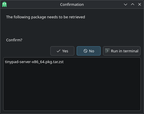 Octopi Confirmation dialog listing ilopad-server-x86_64.pkg.tar.zst with a Yes button