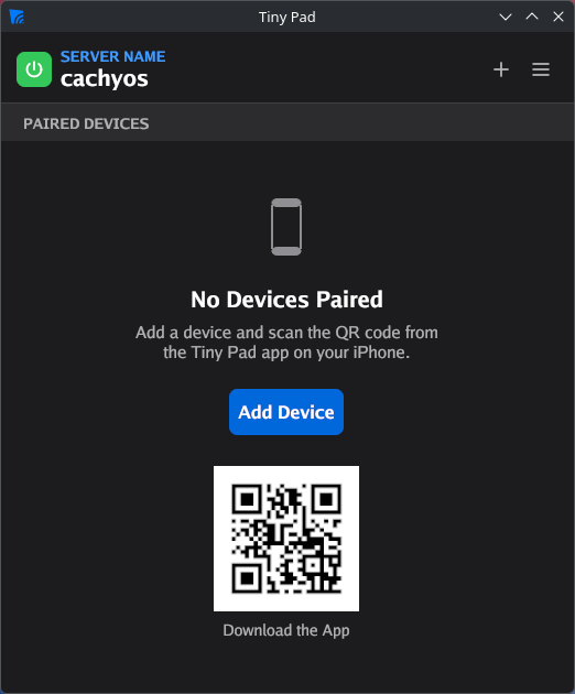 The Ilopad window on CachyOS in dark mode, showing the server name, a green power button and the No Devices Paired empty state