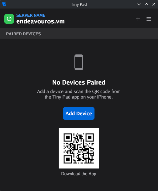 Ilopad Server on EndeavourOS showing the server name, a green power button and the No Devices Paired empty state