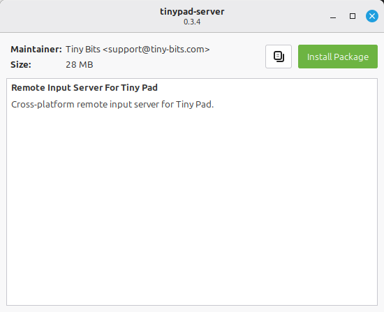 Linux Mint Package Installer showing ilopad-server with the Install Package button