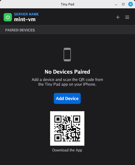 The Ilopad window on Linux Mint in dark mode, showing the server name, a green power button and the No Devices Paired empty state