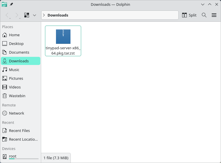 The ilopad-server-x86_64.pkg.tar.zst package in the Downloads folder of the Dolphin file manager