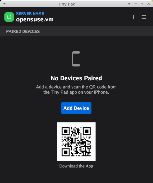 The Ilopad window on openSUSE in dark mode, showing the server name, a green power button and the No Devices Paired empty state