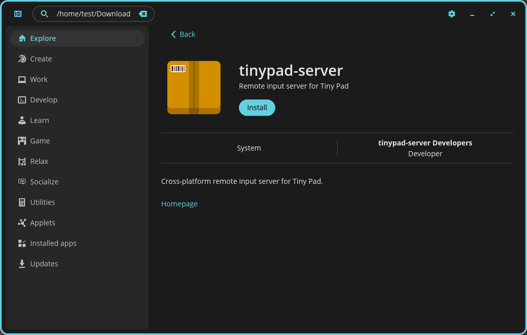COSMIC Store showing ilopad-server with the Install button