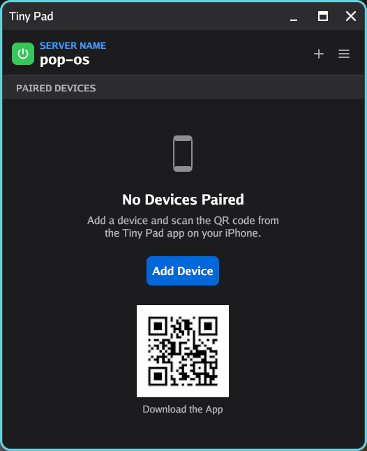 The Ilopad window on Pop!_OS in dark mode, showing the server name, a green power button and the No Devices Paired empty state