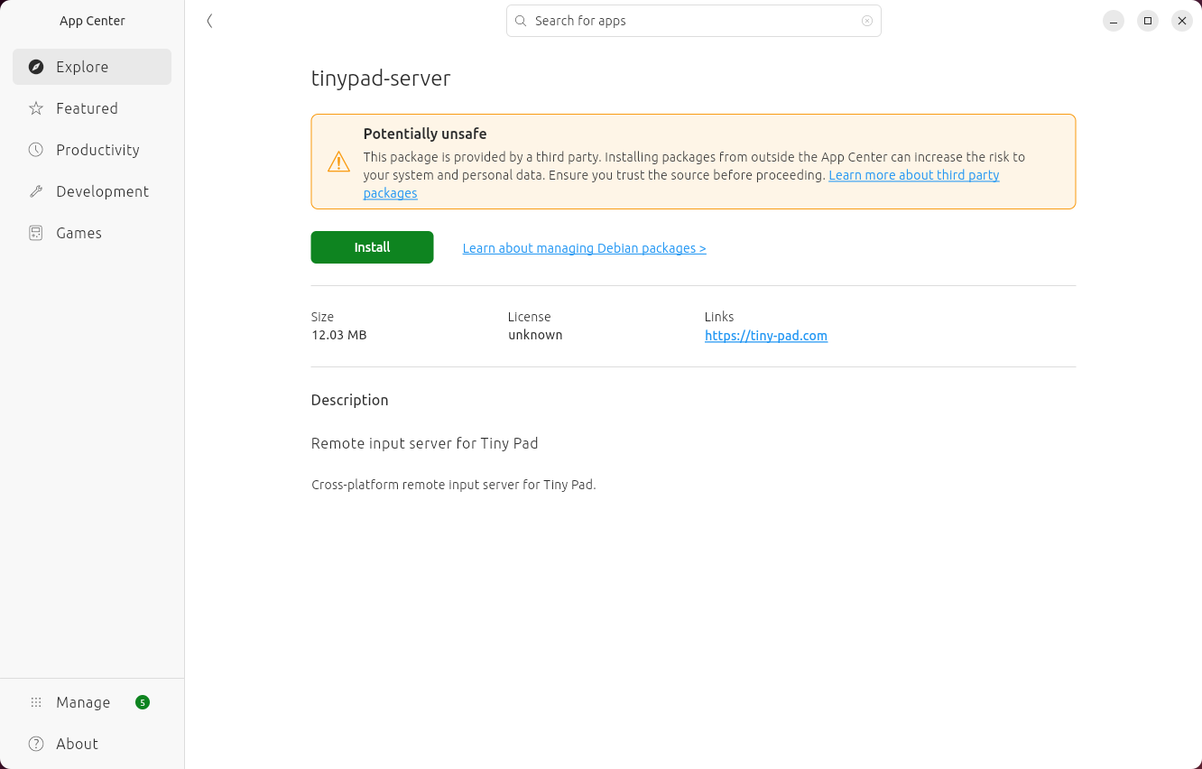 App Center showing ilopad-server, a Potentially unsafe notice and the Install button