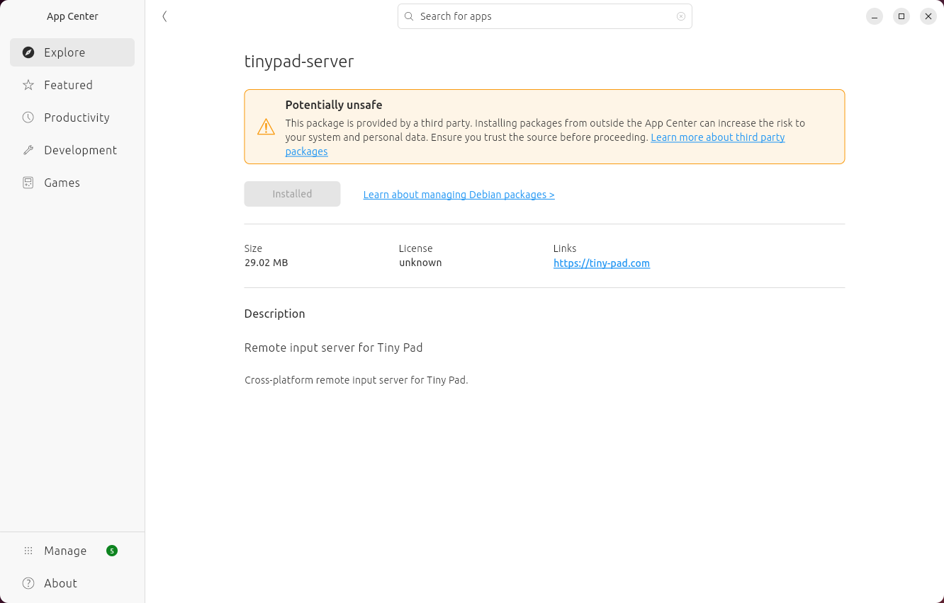 App Center showing ilopad-server with the Installed button