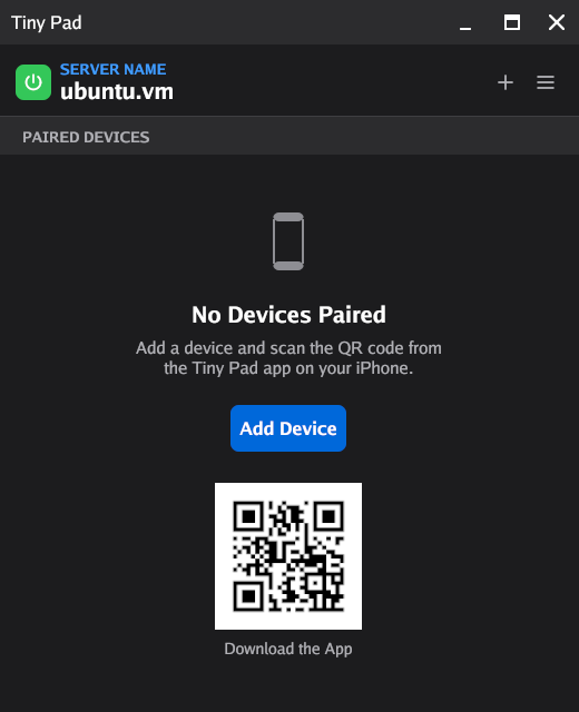 The Ilopad window on Ubuntu in dark mode, showing the server name, a green power button, the No Devices Paired empty state and a QR code to download the app
