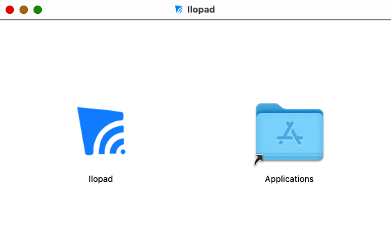 The Ilopad disk image window, with the app icon beside a shortcut to the Applications folder