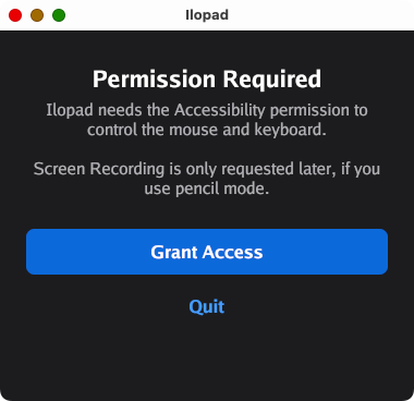 Ilopad window titled Permission Required, explaining it needs the Accessibility permission, with a Grant Access button