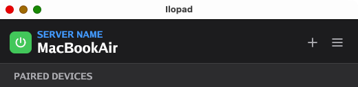 The Ilopad window, showing the server name and the plus button that adds a device