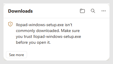 Microsoft Edge Downloads panel: Ilopad-windows-setup.exe isn't commonly downloaded