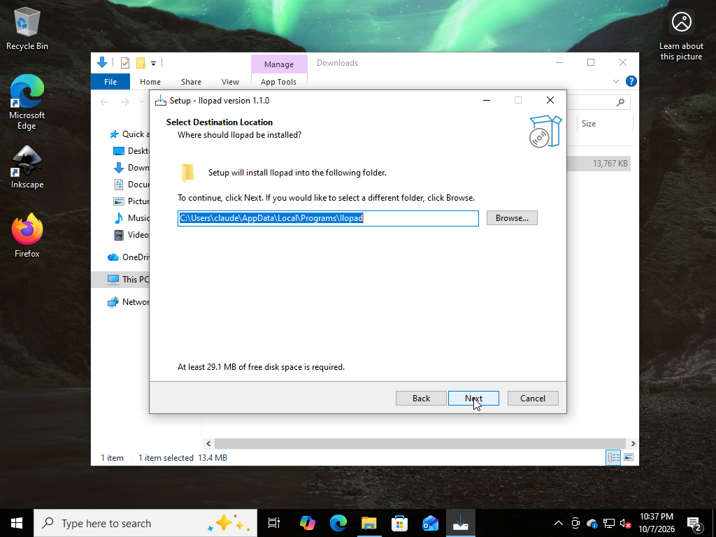 Select Destination Location page showing the Ilopad folder under AppData\Local\Programs