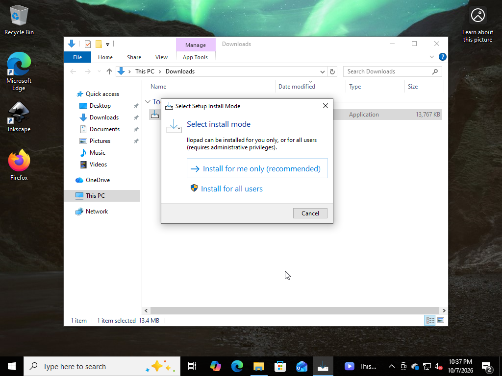 Select Setup Install Mode dialog offering Install for me only or Install for all users